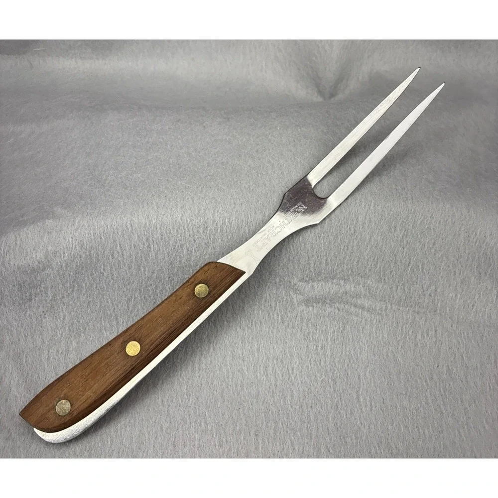 Vtg Northcraft Japan SS Full Extended Tang 2 Prong Carving Fork Acier Inoxydable